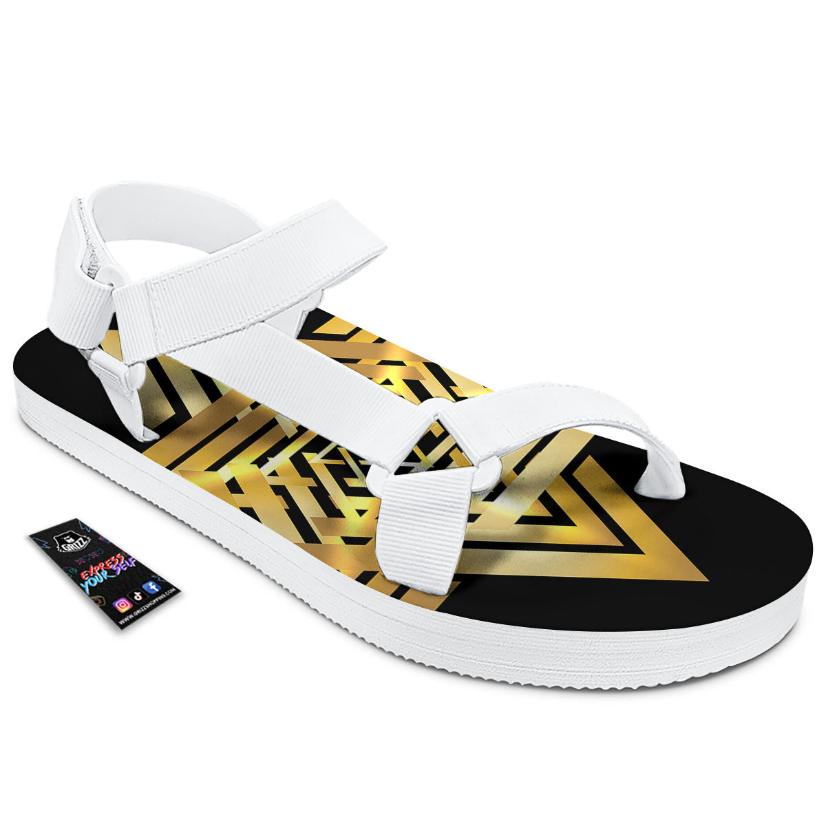 Star of David Gold And Black Print White Open Toe Sandals-grizzshop