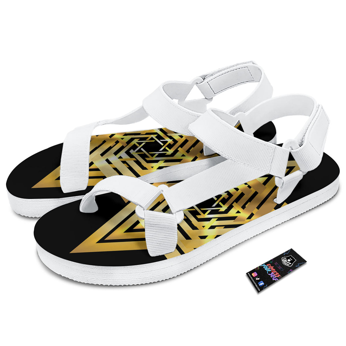 Star of David Gold And Black Print White Open Toe Sandals-grizzshop