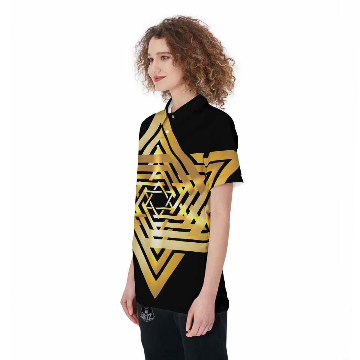 Star of David Gold And Black Print Women's Golf Shirts-grizzshop