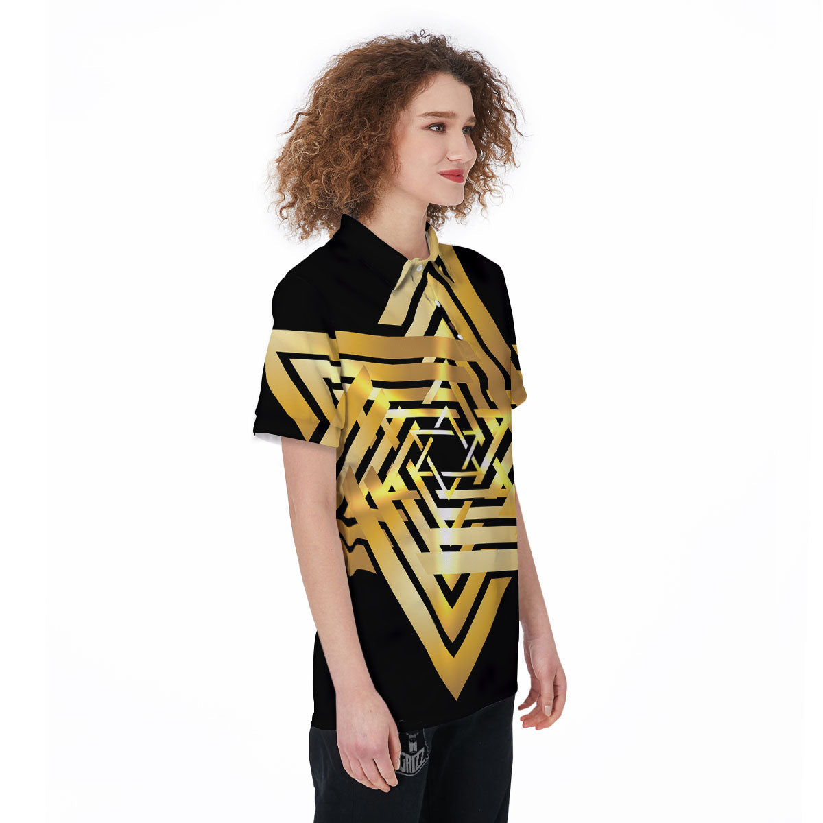 Star of David Gold And Black Print Women's Golf Shirts-grizzshop