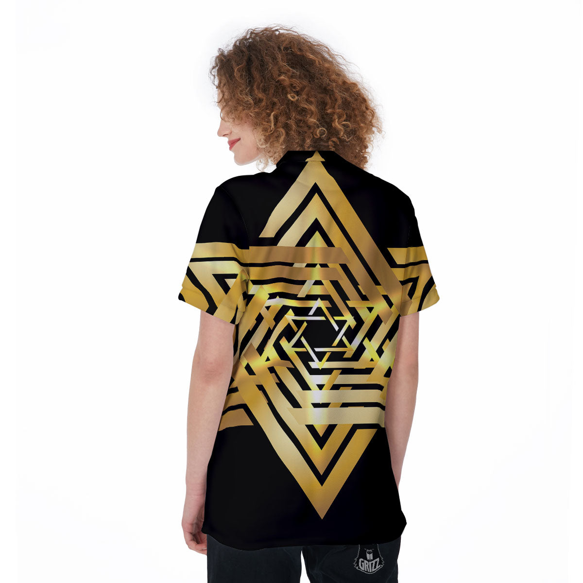 Star of David Gold And Black Print Women's Golf Shirts-grizzshop