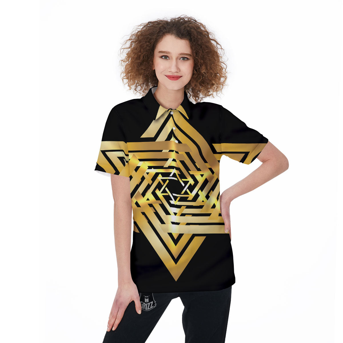 Star of David Gold And Black Print Women's Golf Shirts-grizzshop