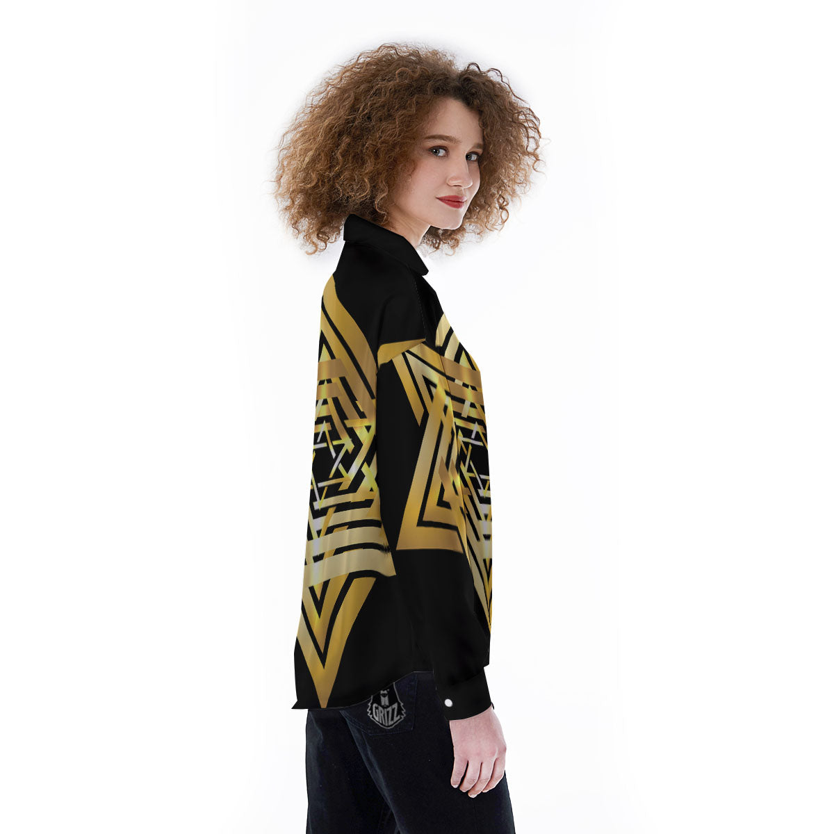 Star of David Gold And Black Print Women's Long Sleeve Shirts-grizzshop
