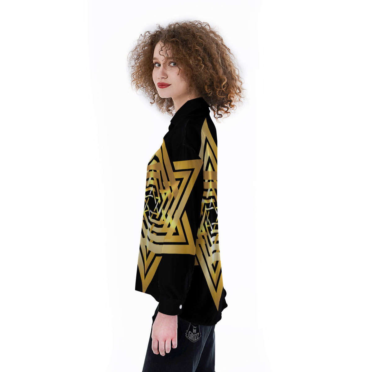 Star of David Gold And Black Print Women's Long Sleeve Shirts-grizzshop