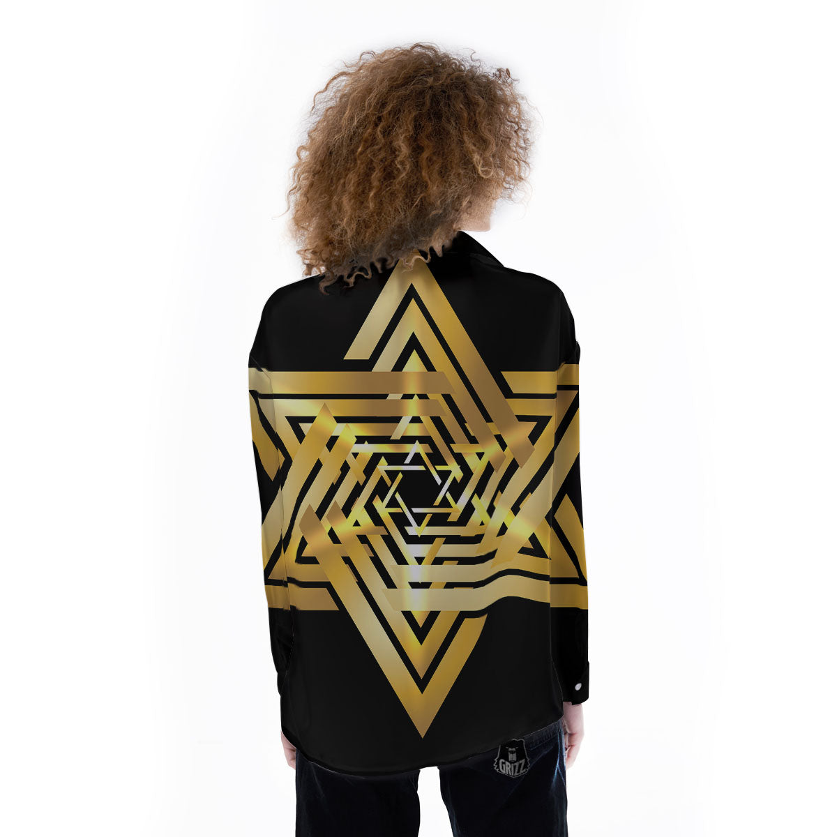 Star of David Gold And Black Print Women's Long Sleeve Shirts-grizzshop