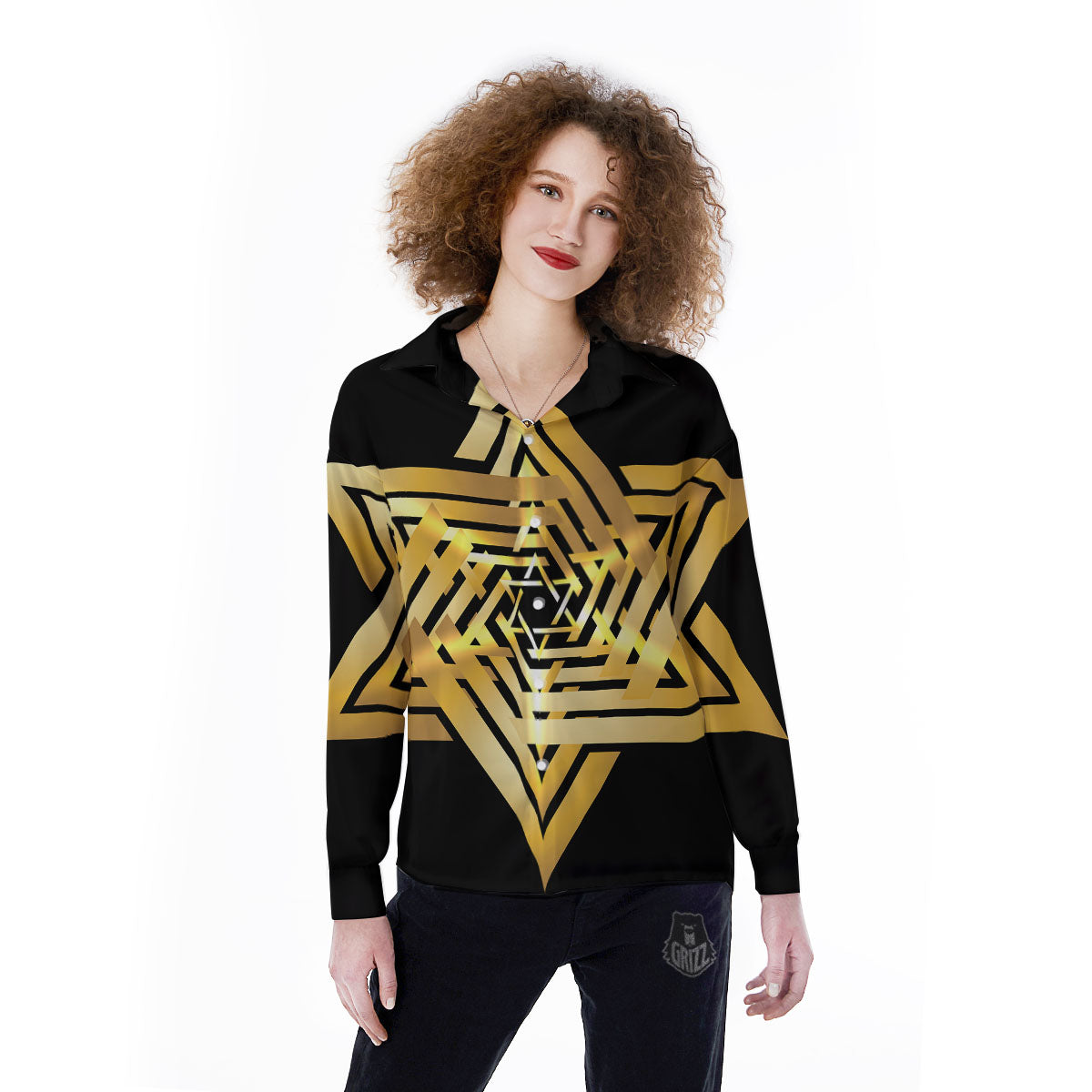 Star of David Gold And Black Print Women's Long Sleeve Shirts-grizzshop