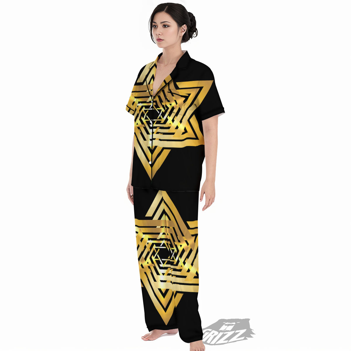 Star of David Gold And Black Print Women's Pajamas Set-grizzshop