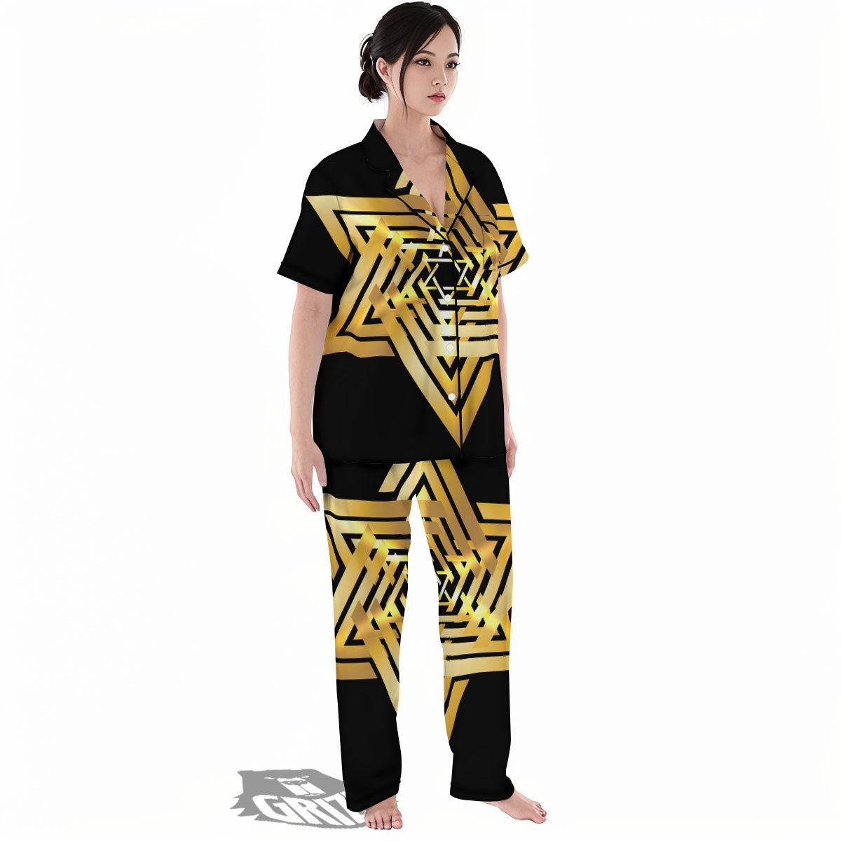 Star of David Gold And Black Print Women's Pajamas Set-grizzshop