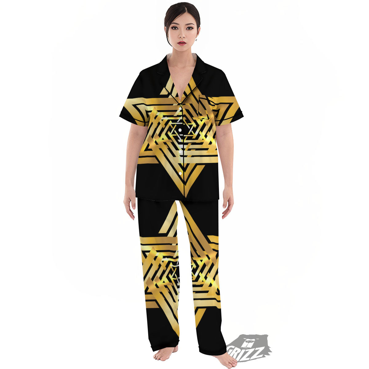 Star of David Gold And Black Print Women's Pajamas Set-grizzshop