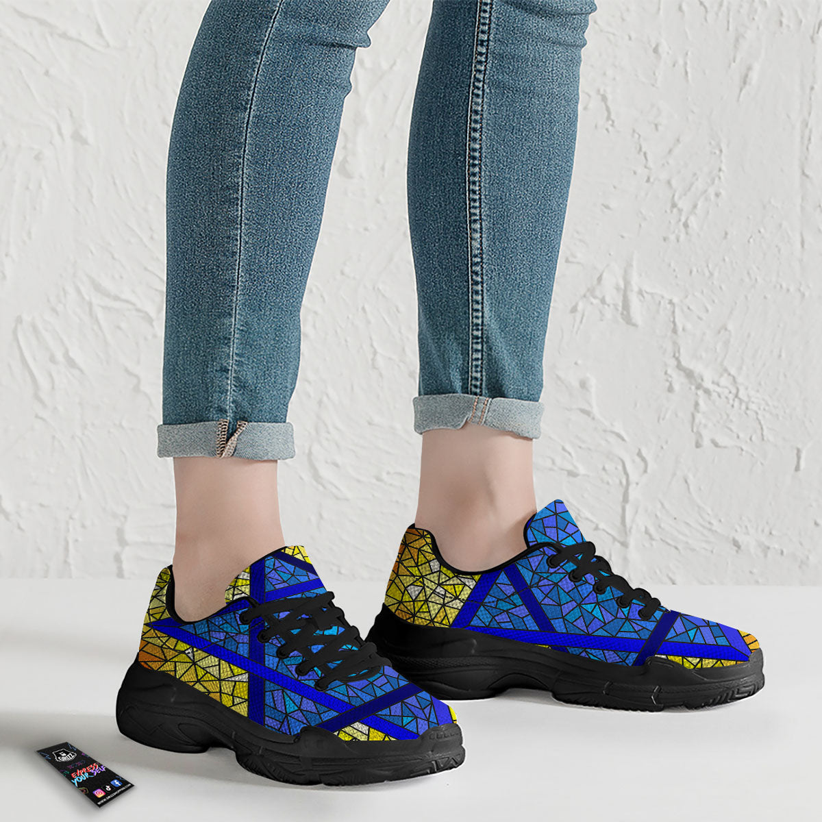 Star of David Stained Glass Print Black Chunky Shoes-grizzshop