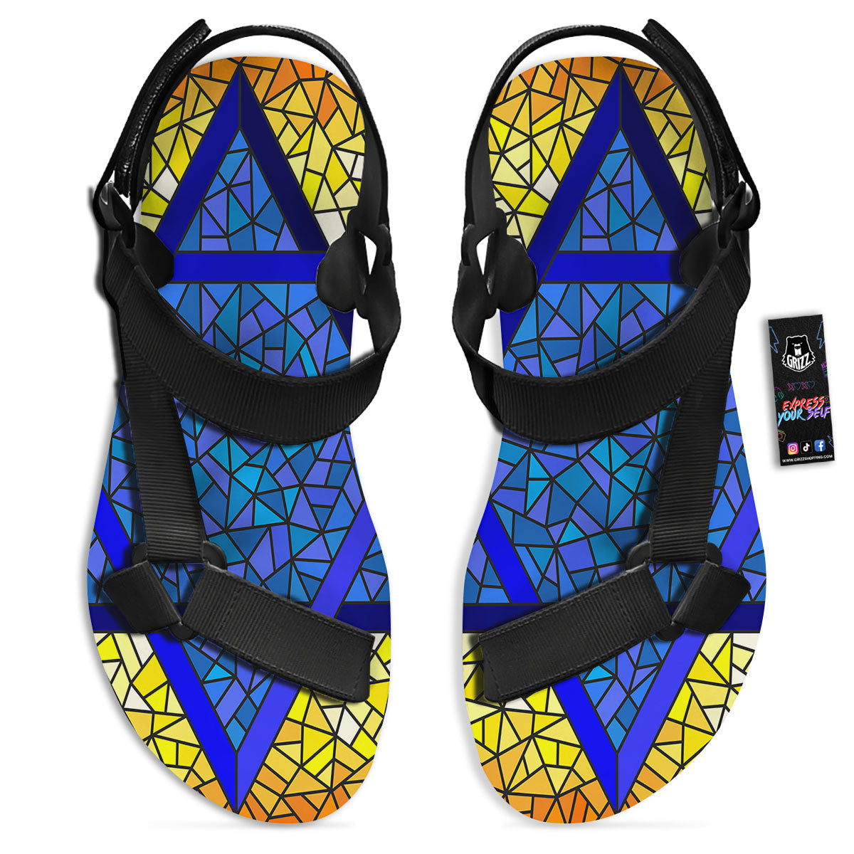 Star of David Stained Glass Print Black Open Toe Sandals-grizzshop