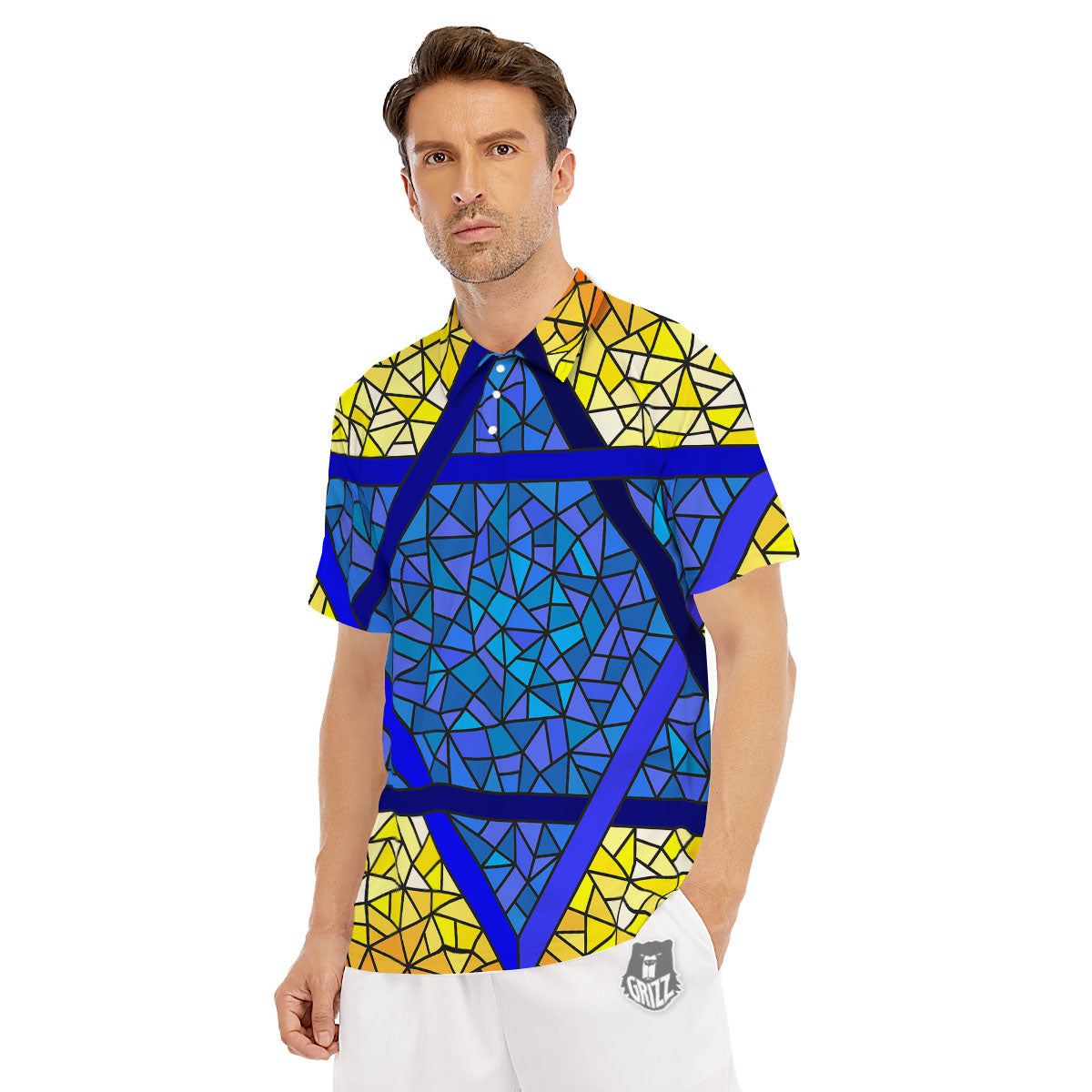 Star of David Stained Glass Print Men's Golf Shirts-grizzshop