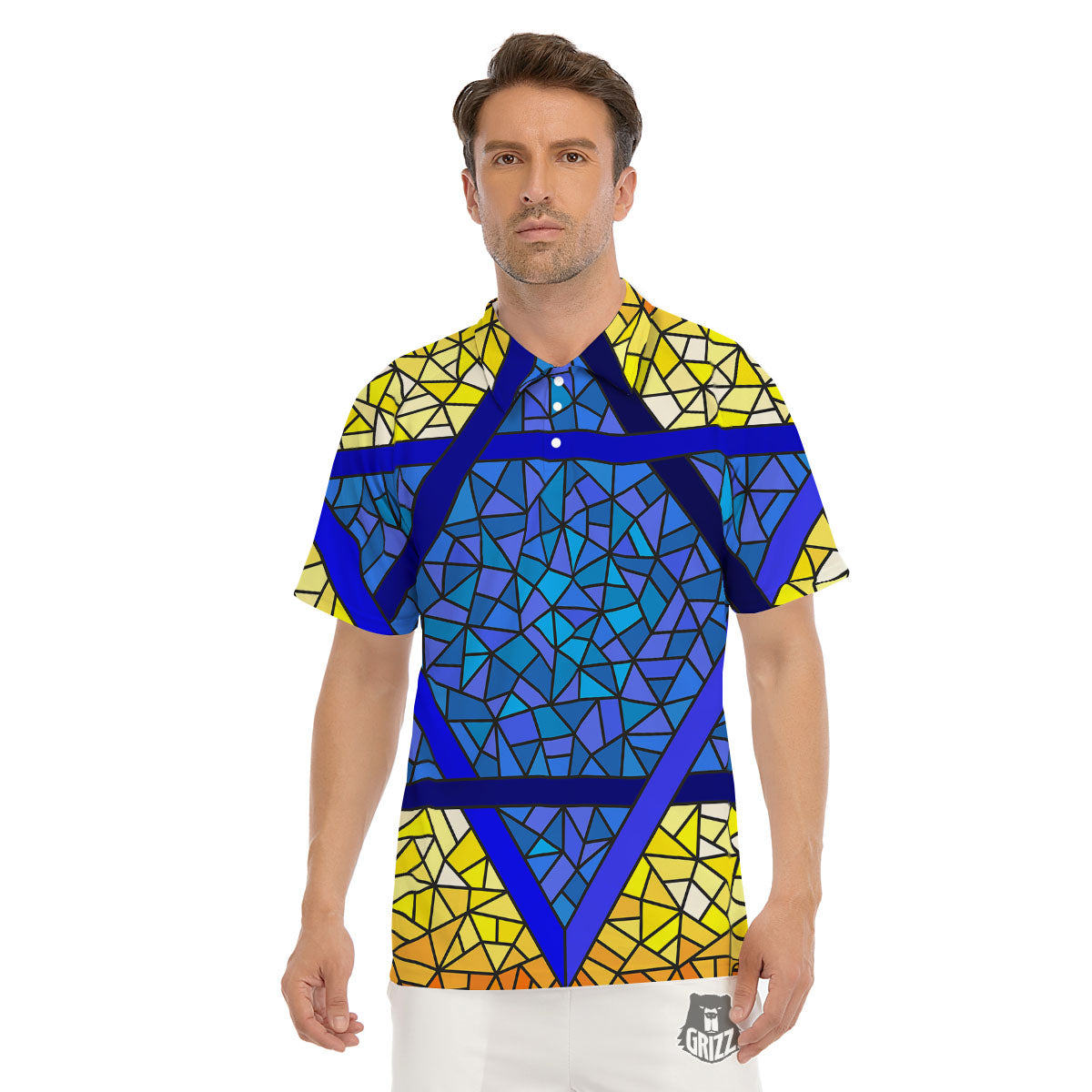 Star of David Stained Glass Print Men's Golf Shirts-grizzshop