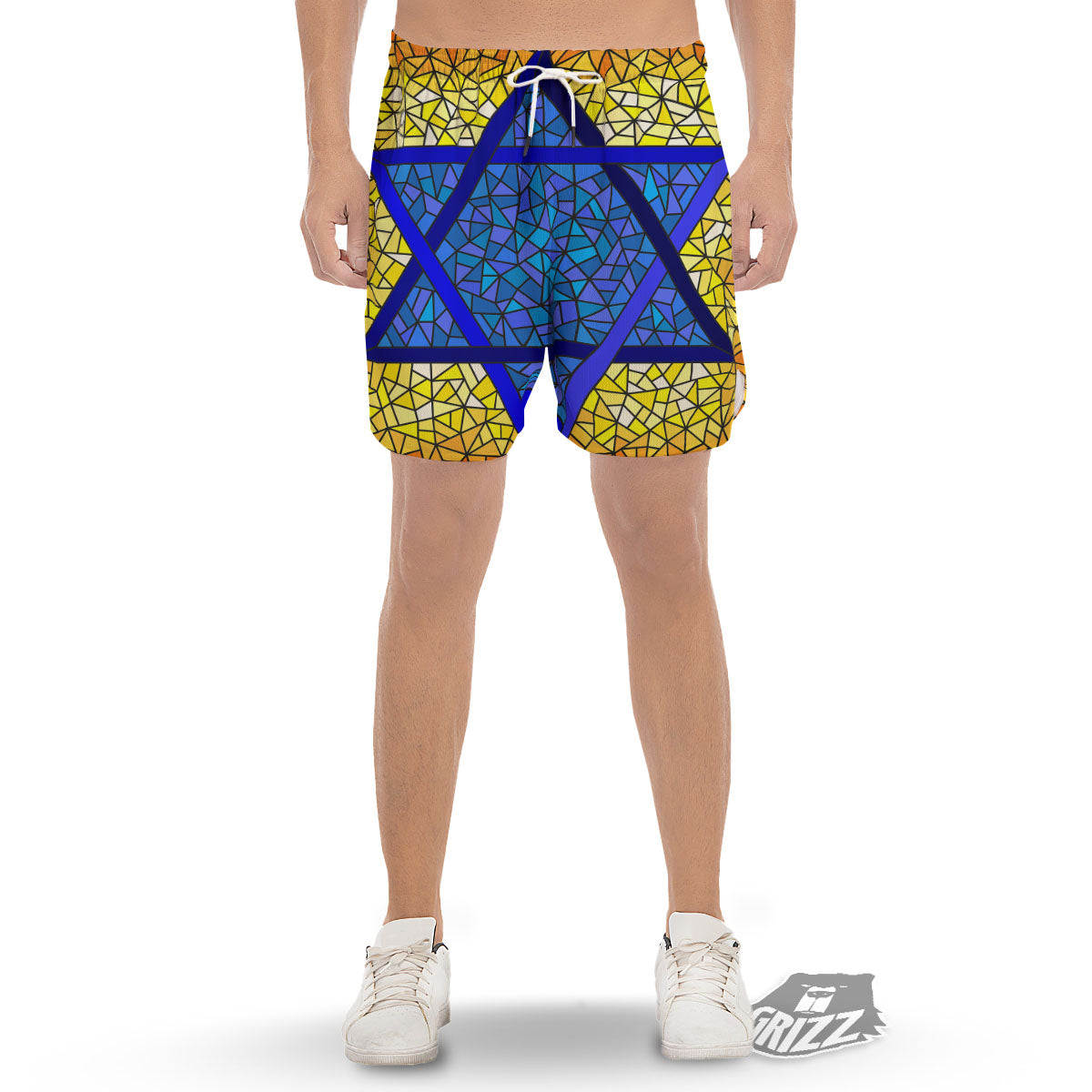 Star of David Stained Glass Print Men's Gym Shorts-grizzshop
