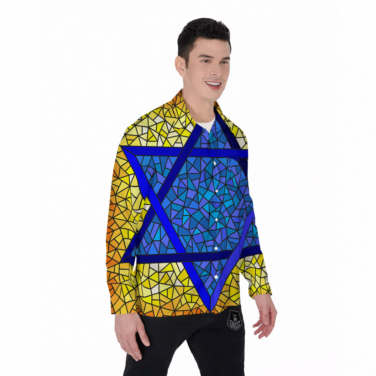 Star of David Stained Glass Print Men's Long Sleeve Shirts-grizzshop
