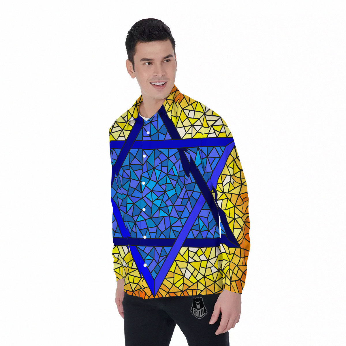 Star of David Stained Glass Print Men's Long Sleeve Shirts-grizzshop