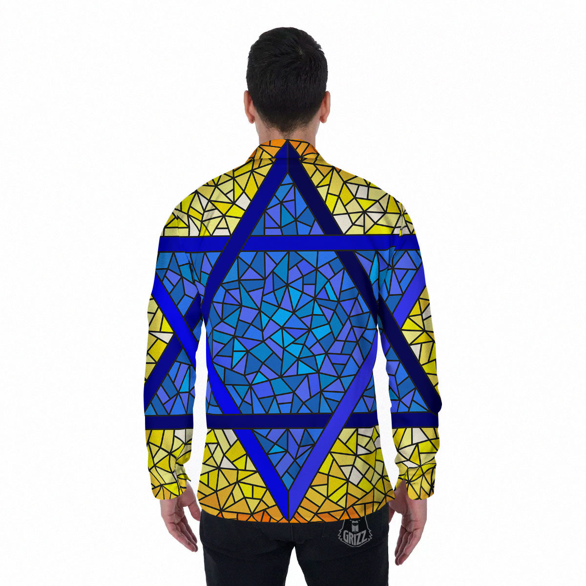 Star of David Stained Glass Print Men's Long Sleeve Shirts-grizzshop