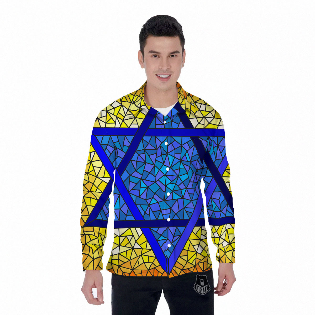 Star of David Stained Glass Print Men's Long Sleeve Shirts-grizzshop