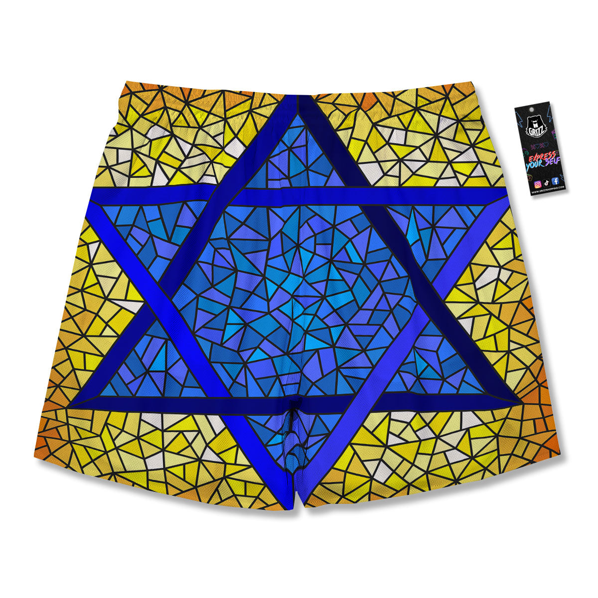 Star of David Stained Glass Print Men's Running Shorts-grizzshop