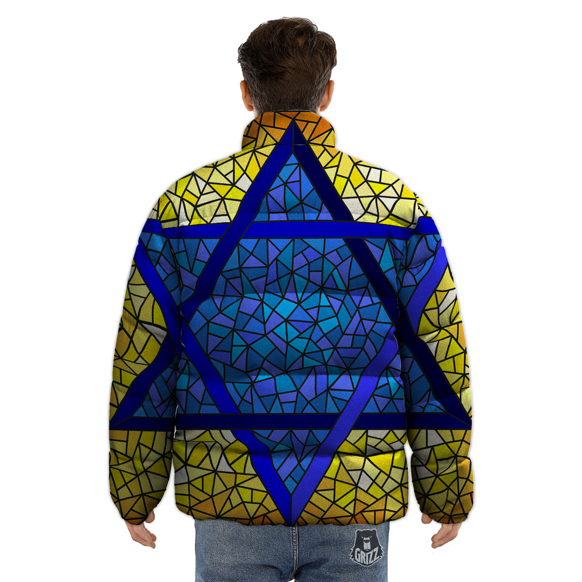 Star of David Stained Glass Print Puffer Jacket-grizzshop