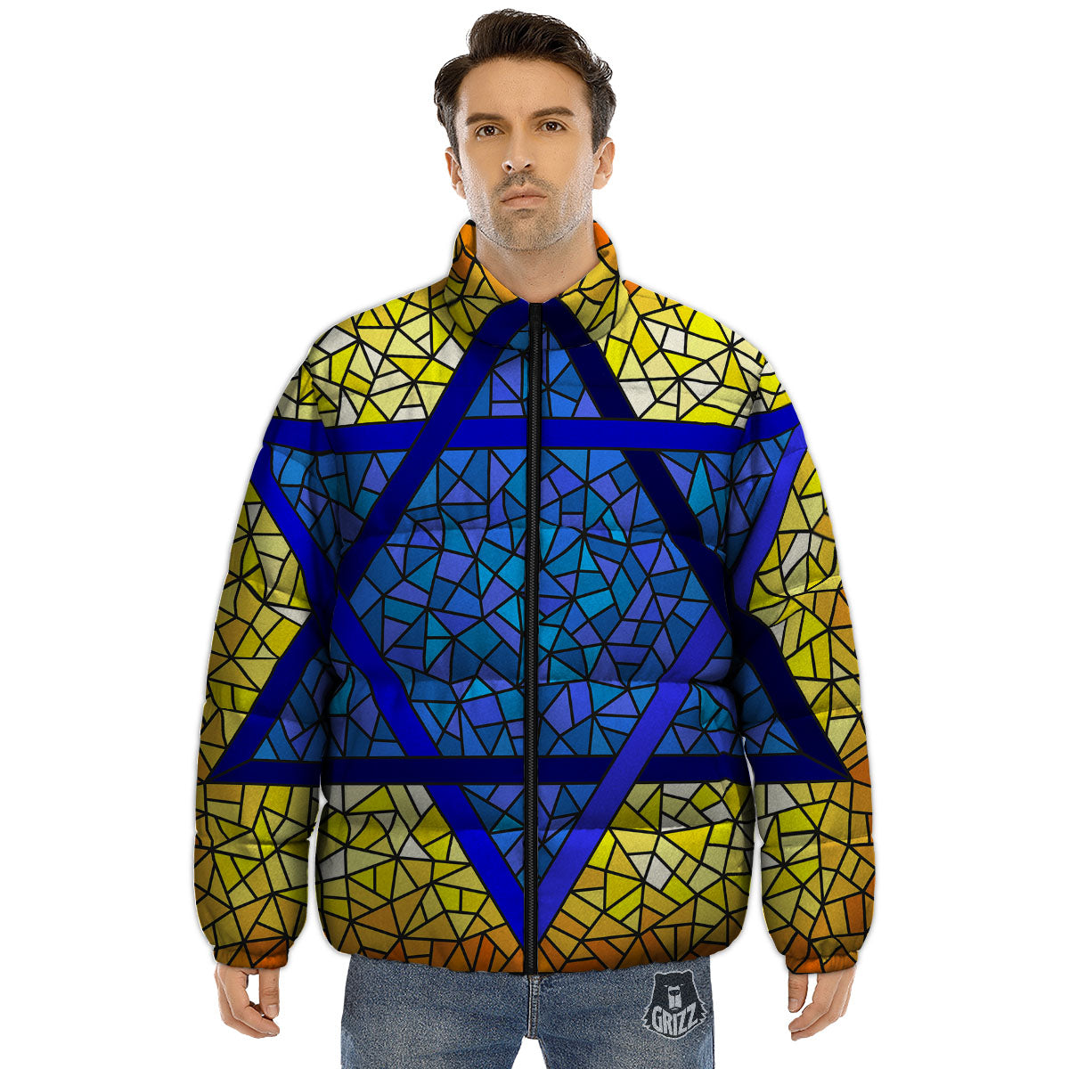 Star of David Stained Glass Print Puffer Jacket-grizzshop