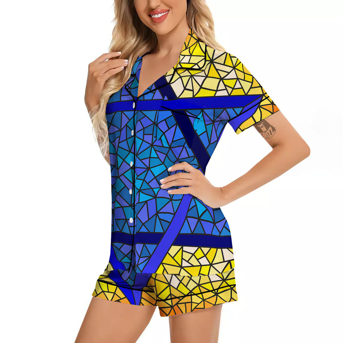 Star of David Stained Glass Print Women Silk Pajamas-grizzshop