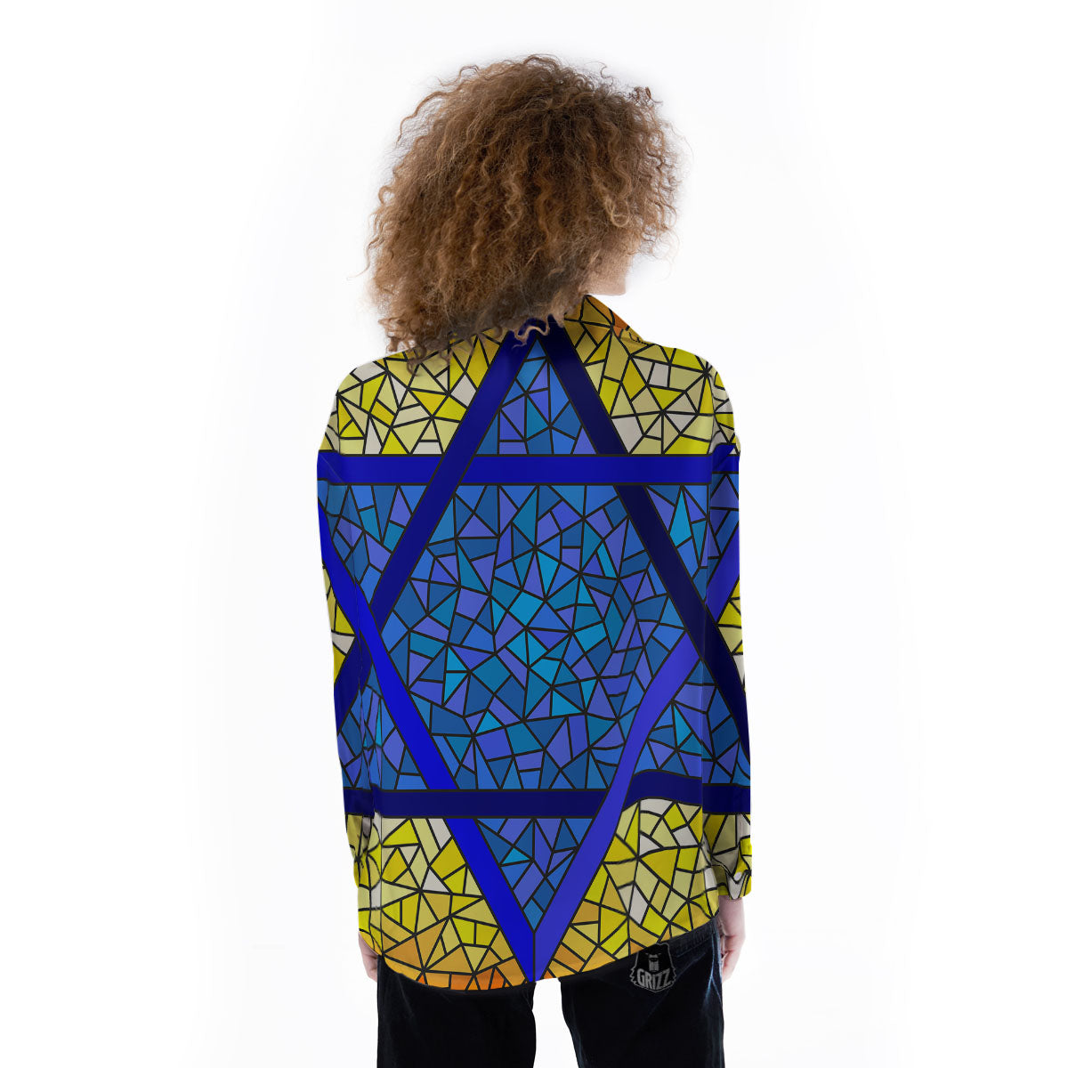 Star of David Stained Glass Print Women's Long Sleeve Shirts-grizzshop