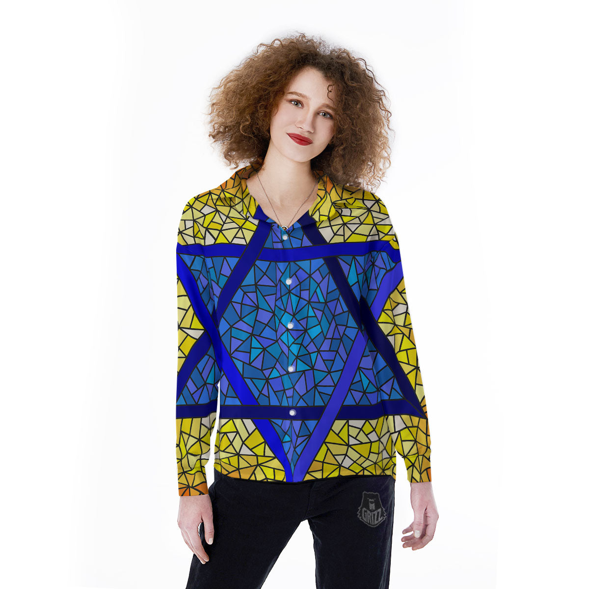 Star of David Stained Glass Print Women's Long Sleeve Shirts-grizzshop