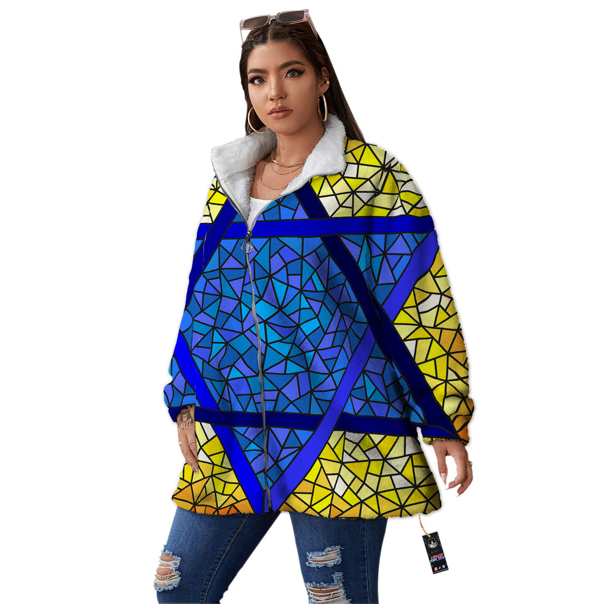 Star of David Stained Glass Print Women's Sherpa Jacket-grizzshop