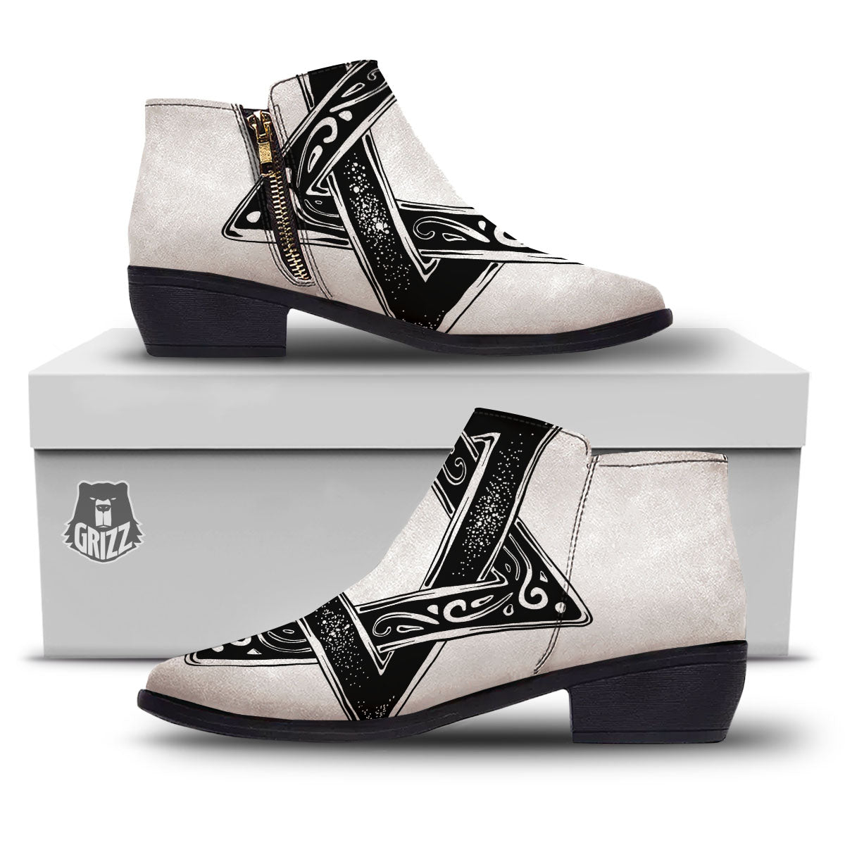 Star of David White And Black Print Ankle Boots-grizzshop