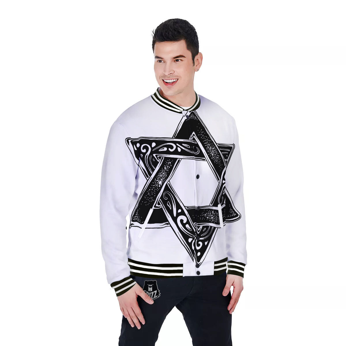 Star of David White And Black Print Baseball Jacket-grizzshop