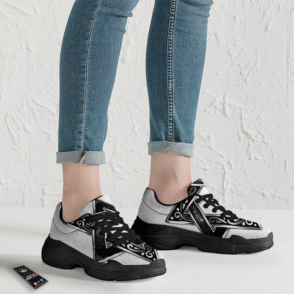 Star of David White And Black Print Black Chunky Shoes-grizzshop