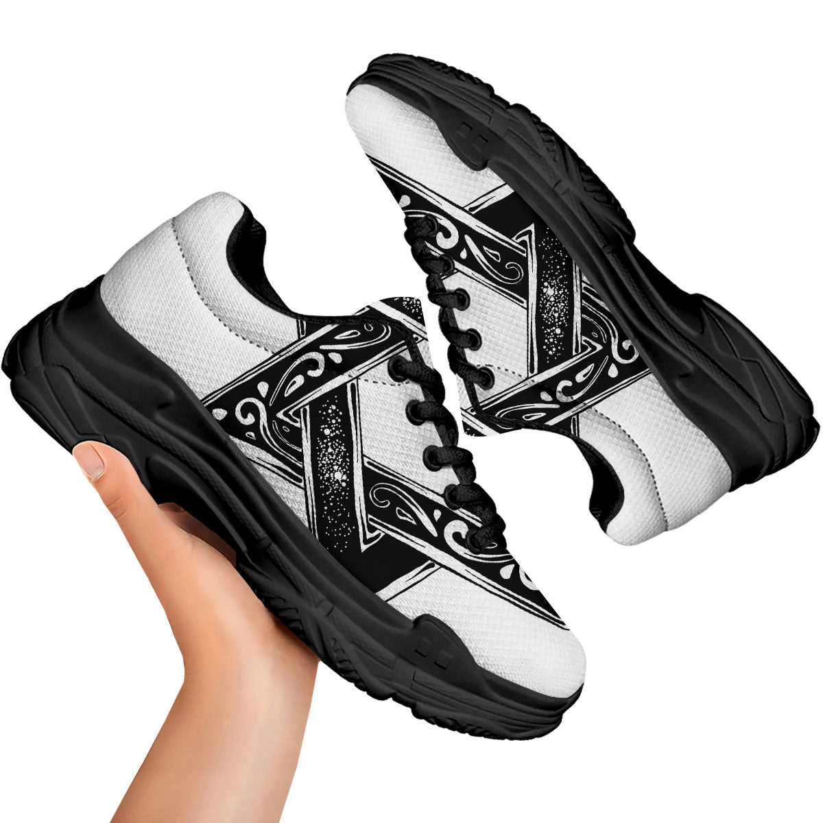 Star of David White And Black Print Black Chunky Shoes-grizzshop