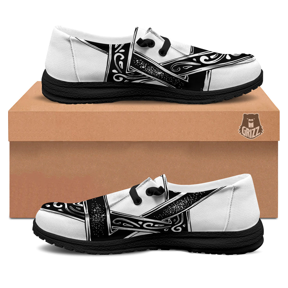 Star of David White And Black Print Black Loafers-grizzshop