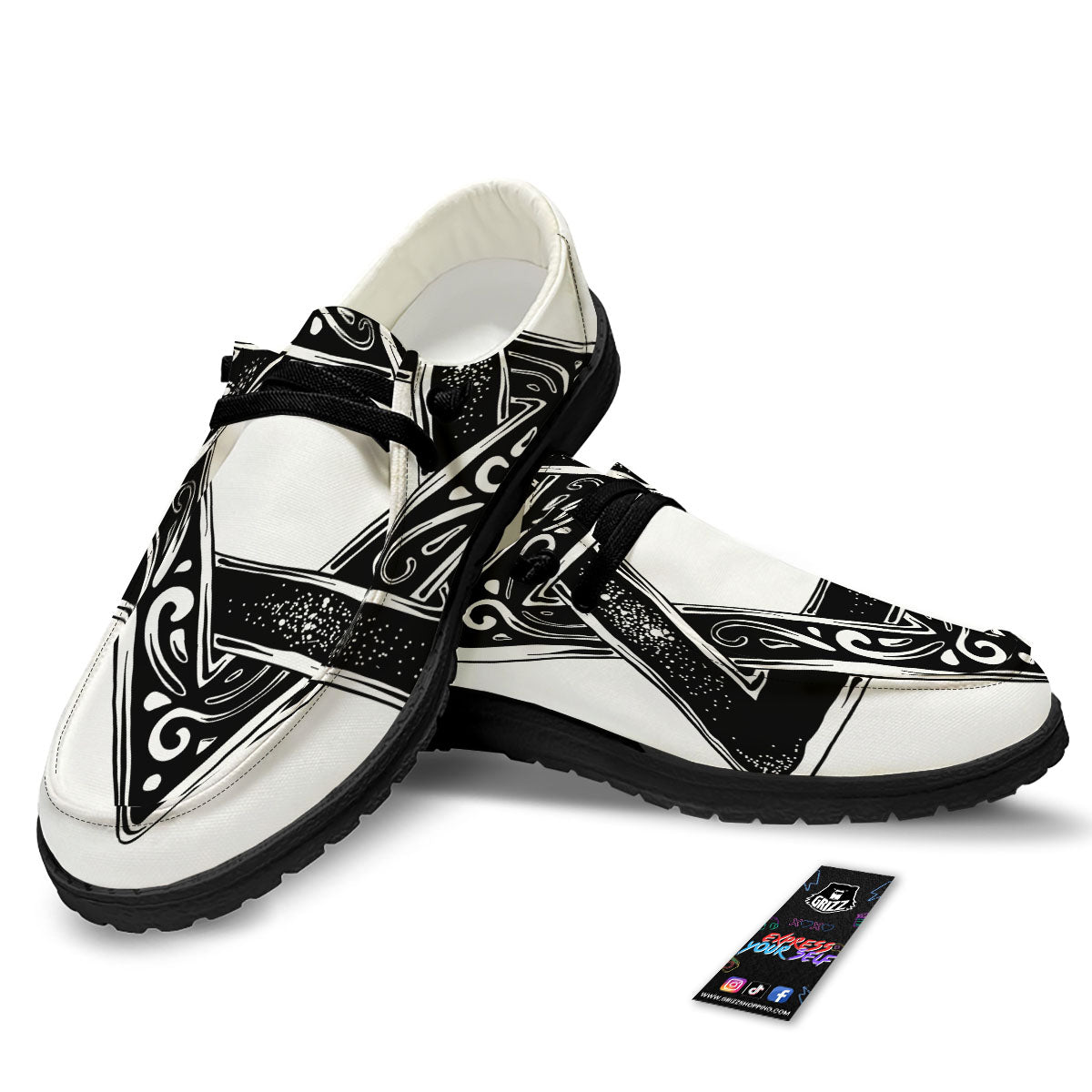 Star of David White And Black Print Black Loafers-grizzshop