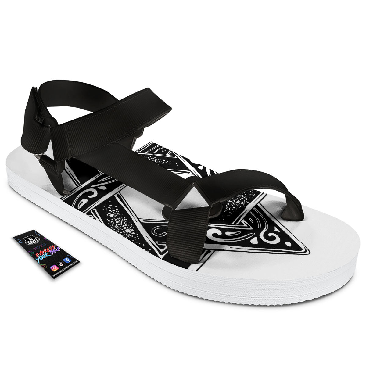 Star of David White And Black Print Black Open Toe Sandals-grizzshop