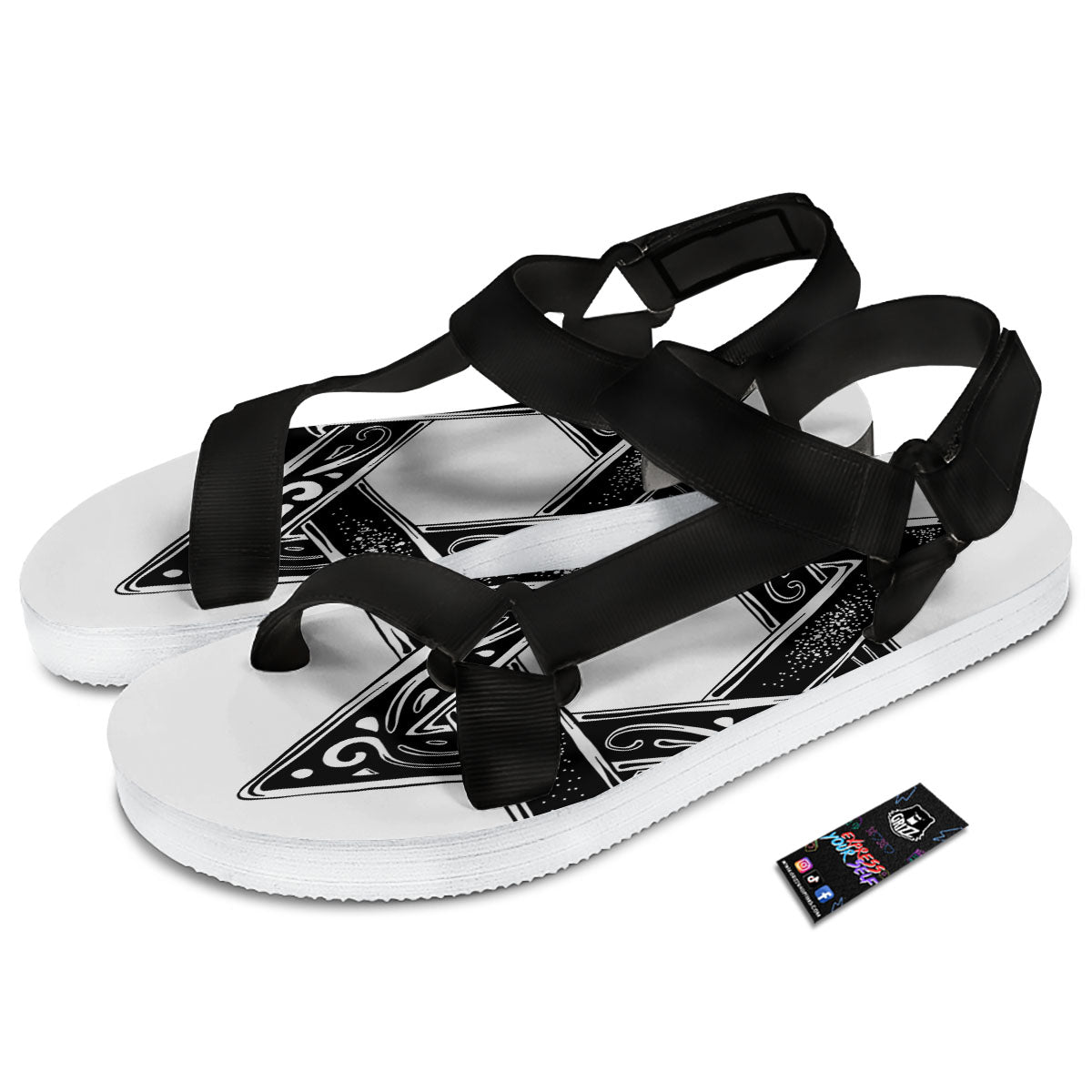 Star of David White And Black Print Black Open Toe Sandals-grizzshop