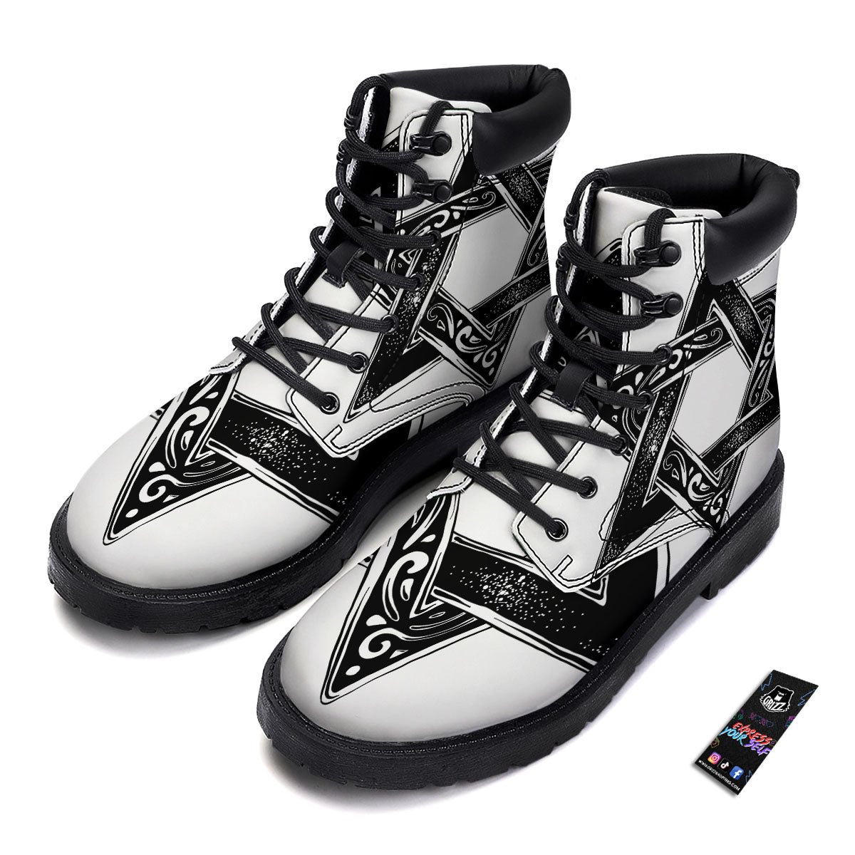 Star of David White And Black Print Boots-grizzshop