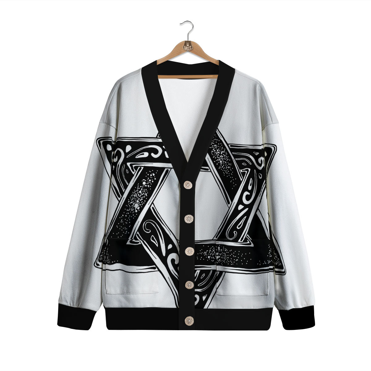 Star of David White And Black Print Cardigan-grizzshop