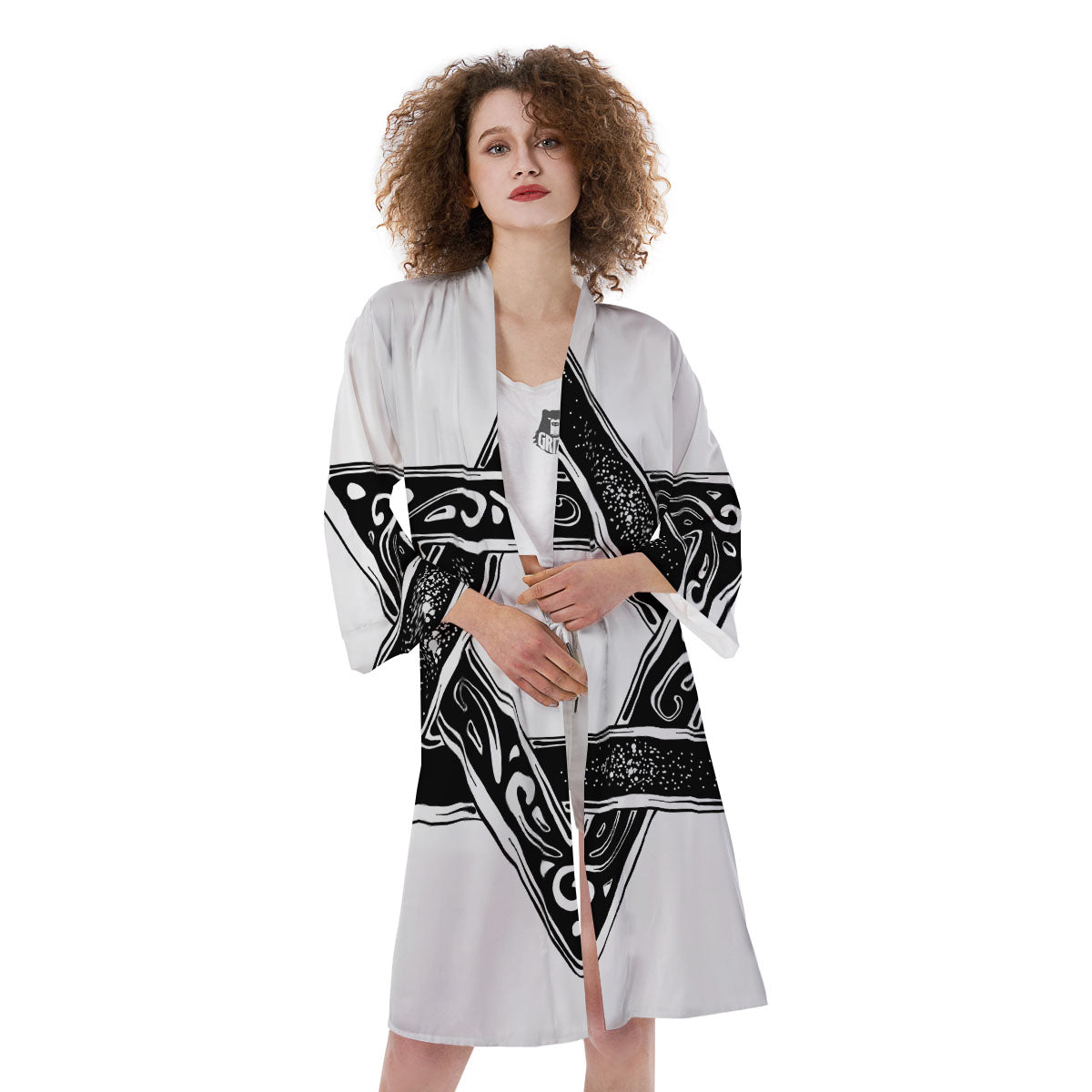 Star of David White And Black Print Kimono-grizzshop