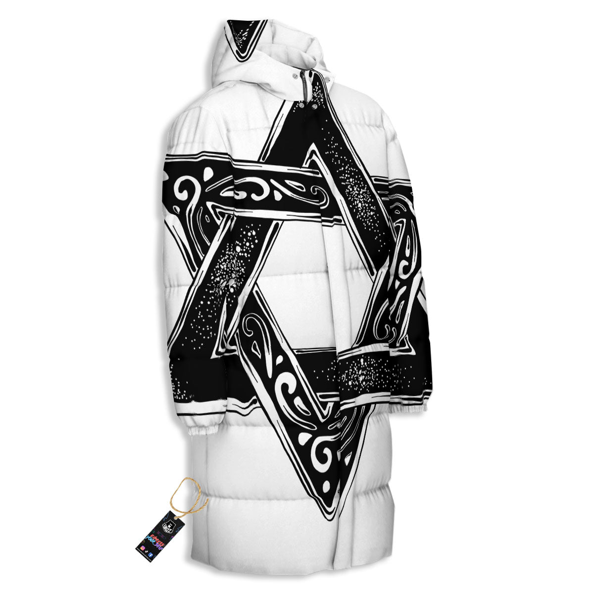 Star of David White And Black Print Long Down Jacket-grizzshop