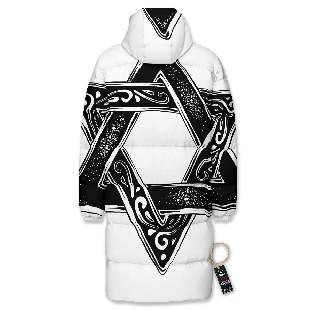 Star of David White And Black Print Long Down Jacket-grizzshop