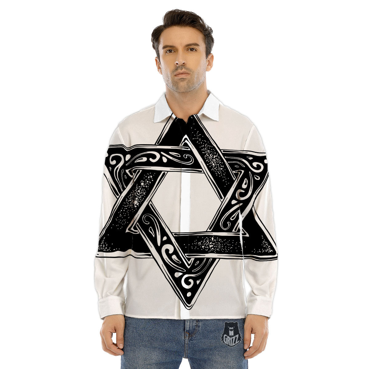 Star of David White And Black Print Men's Dress Shirts-grizzshop