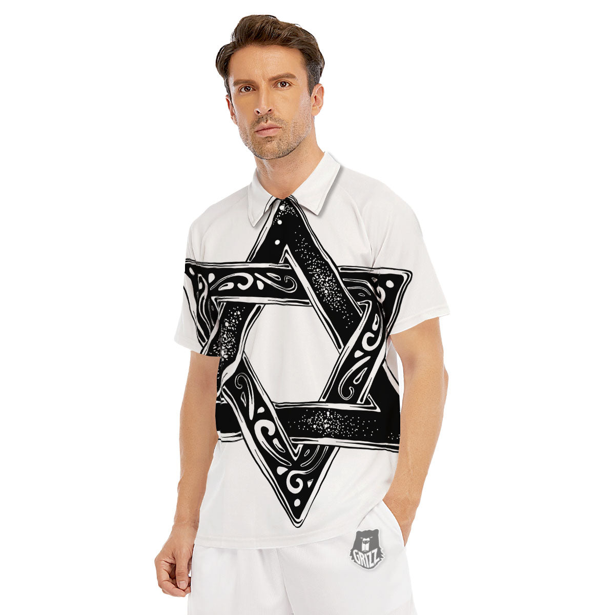 Star of David White And Black Print Men's Golf Shirts-grizzshop