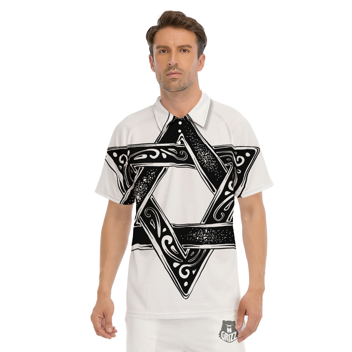 Star of David White And Black Print Men's Golf Shirts-grizzshop