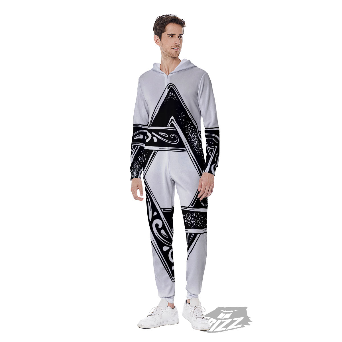 Star of David White And Black Print Men's Jumpsuit-grizzshop