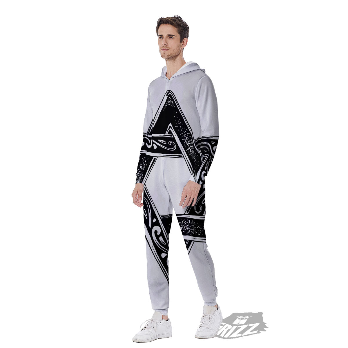 Star of David White And Black Print Men's Jumpsuit-grizzshop