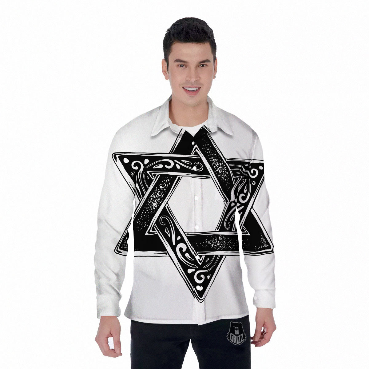 Star of David White And Black Print Men's Long Sleeve Shirts-grizzshop
