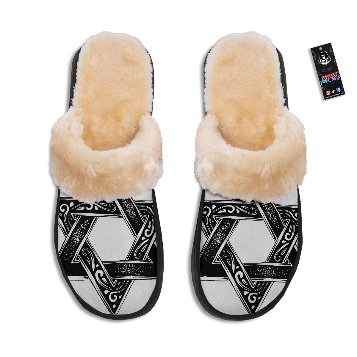 Star of David White And Black Print Slippers-grizzshop