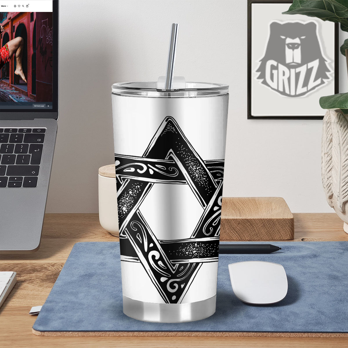 Star of David White And Black Print Tumbler-grizzshop